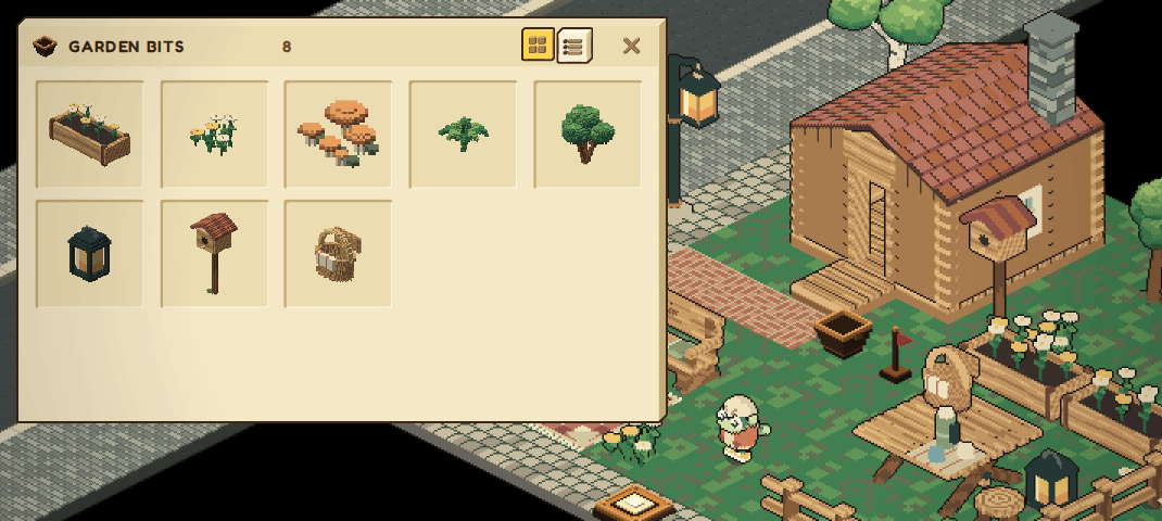 An open bucket named Garden bits over a garden, holding a planter, flowers, mushrooms, ferns, a bush, a lantern, a birdhouse and a basket.