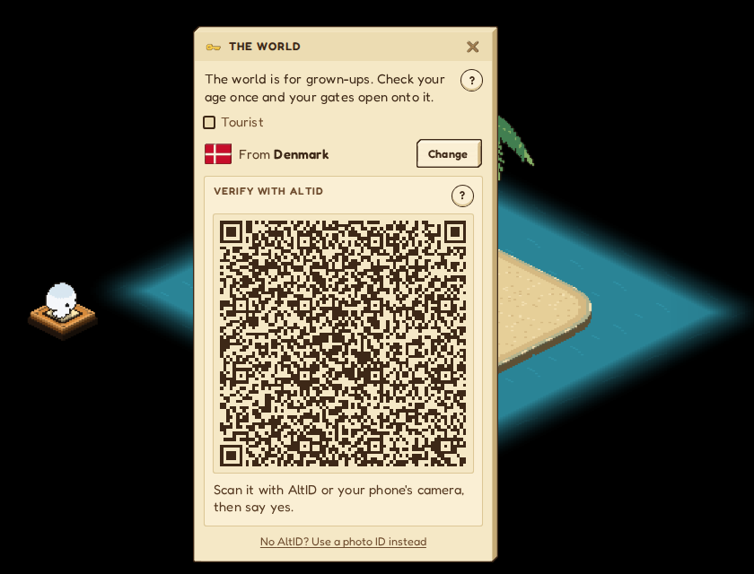 THE WORLD window in a new player's home space, set to Denmark, showing an AltID code to scan and a link to use a photo ID instead.