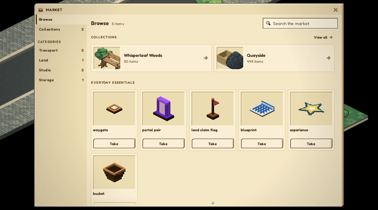 The MARKET window on Browse: the Whisperleaf Woods and Quayside collections, then the everyday essentials (waygate, portal pair, land claim flag, blueprint, experience, bucket), each with a Take key.