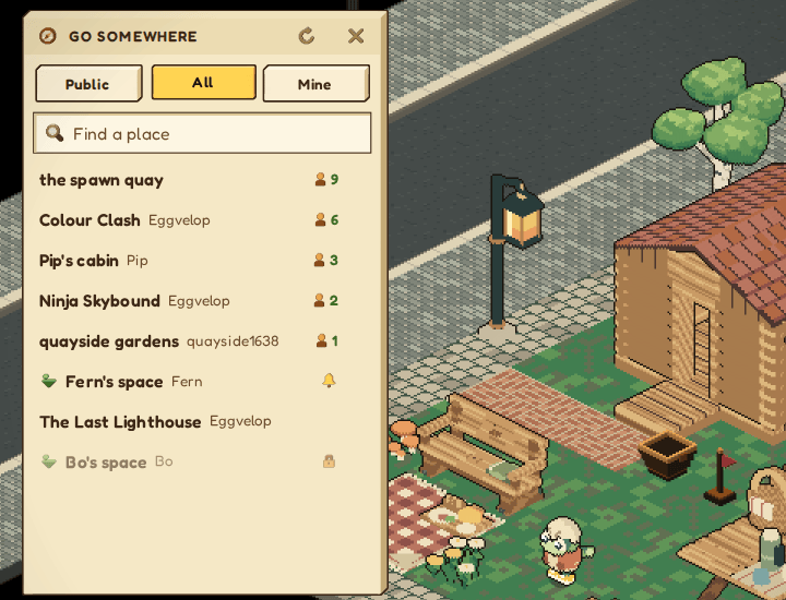 The GO SOMEWHERE window on its All tab, listing the spawn quay, Colour Clash, Pip's cabin, Ninja Skybound, quayside gardens, Fern's space, The Last Lighthouse and Bo's space, beside a garden plot.