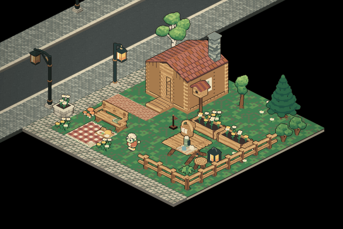 A claimed plot beside Main Street with a little log cabin, a birch and a fir, flower planters, a picnic table, a gingham blanket and a split-rail fence, its claim flag in the middle and Pip waving on the lawn.