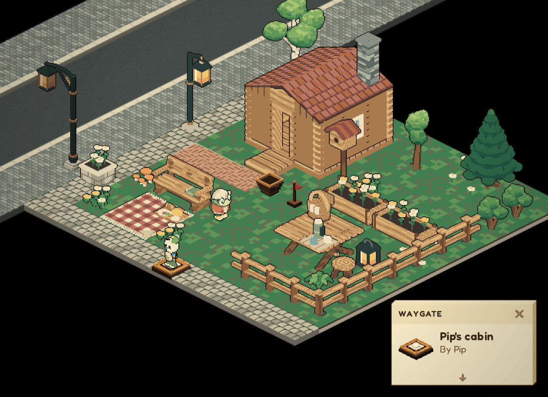 A cozy garden plot with a waygate on its front walk and a visitor just arrived on it, and the WAYGATE card reading Pip's cabin, by Pip.